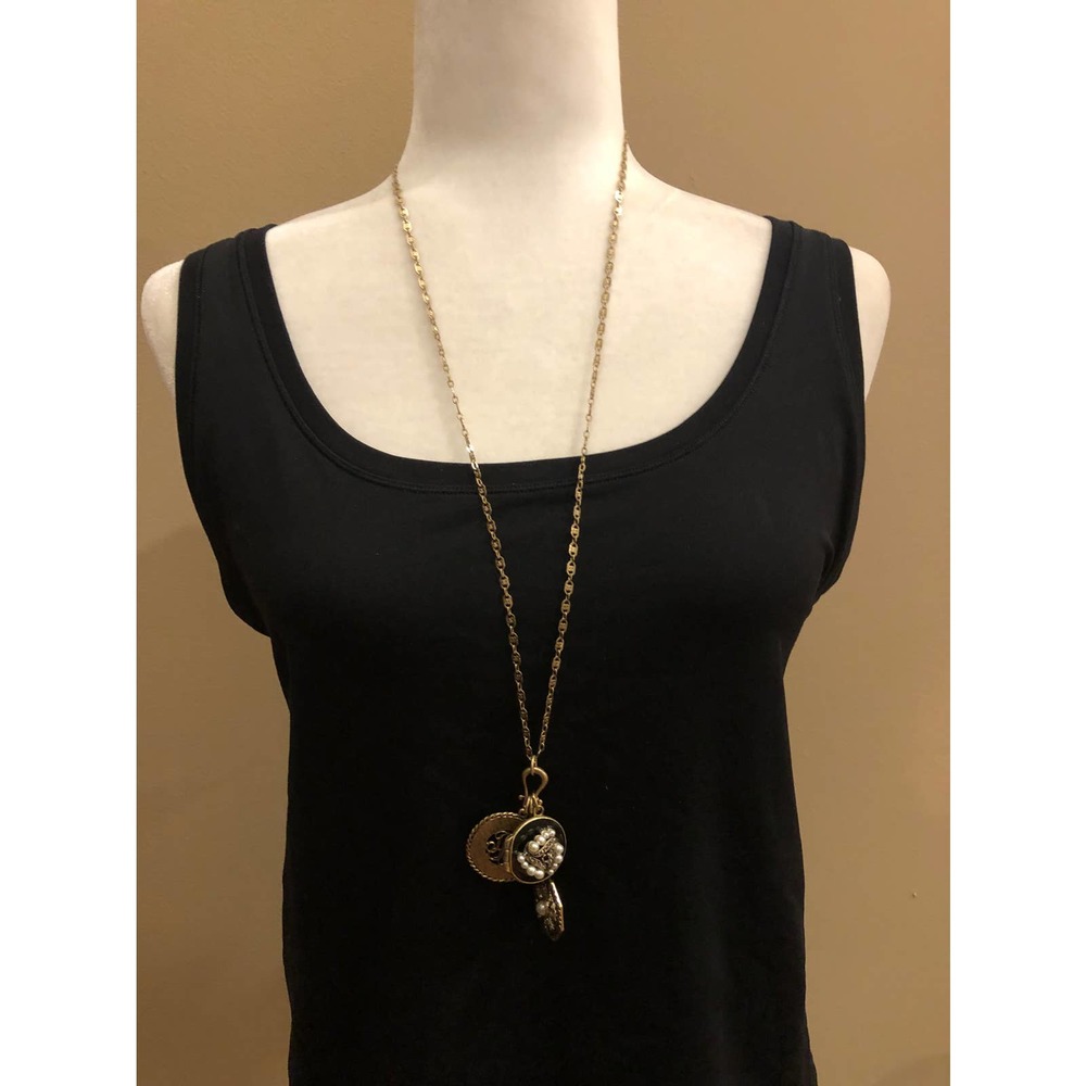 White House Black Market Long Antique Gold Tone Necklace with Locket Charms